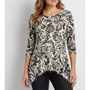 Chicos Travelers Lace Tunic Top 1 Black Ivory Floral Paisley Tassel Sharkbite